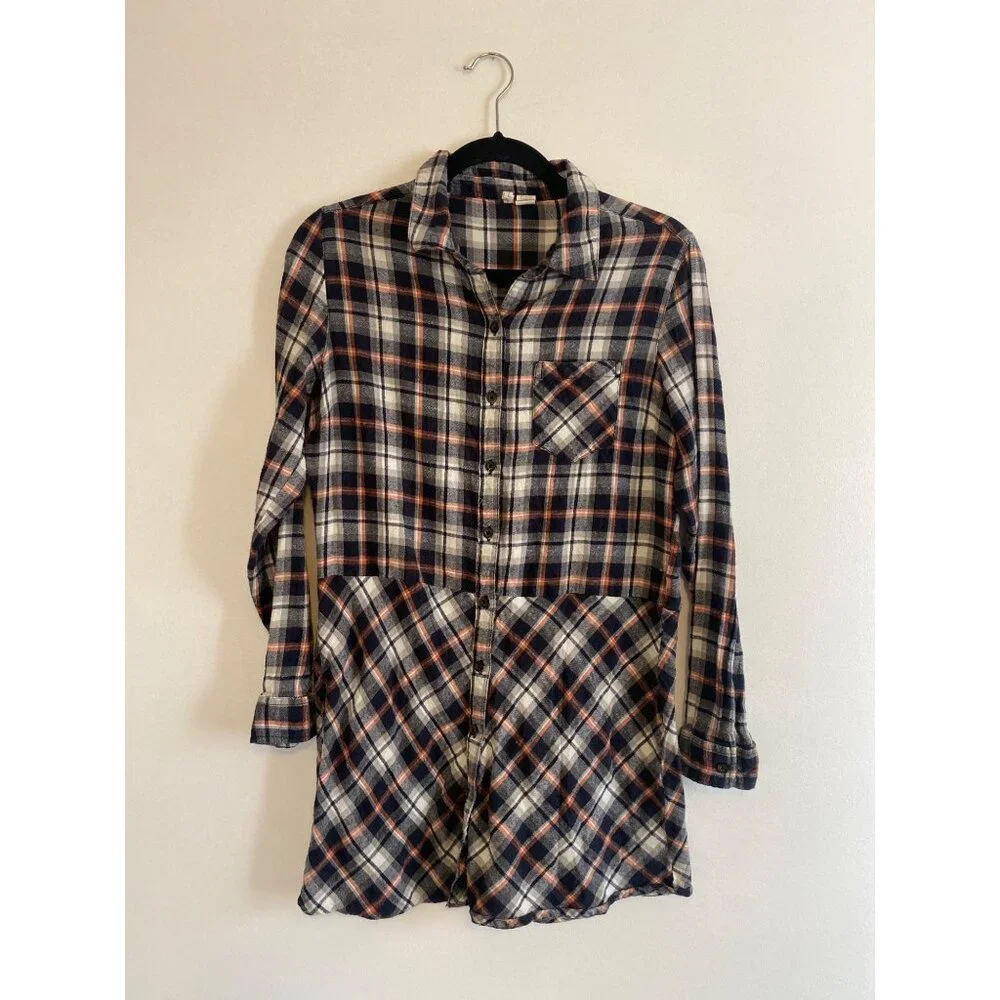 Japna Navy & Orange Women’s Plaid Flannel Tunic Shirt Size L 100% Cotton - Picture 1 of 5